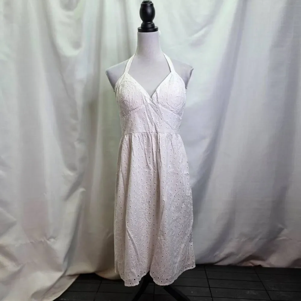 AGB White Cotton Eyelet Halter Neck Midi Summer Dress Size 10